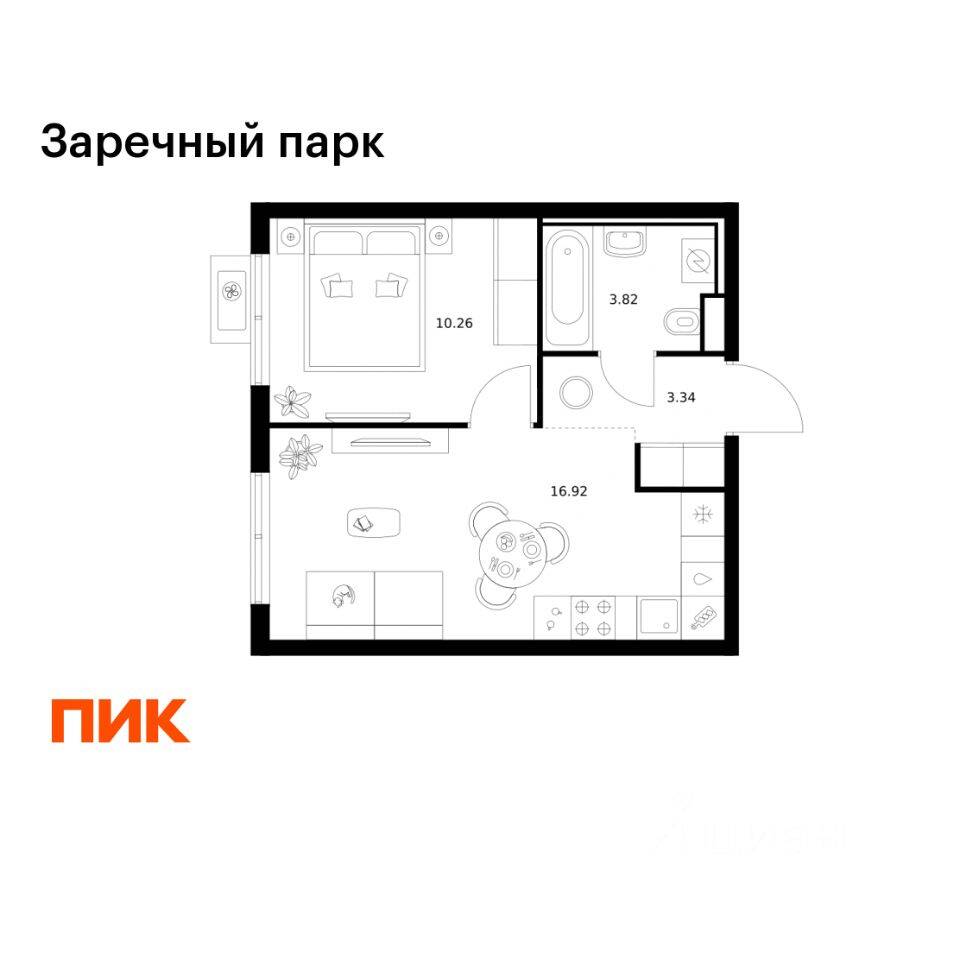 1-комн. квартира, 34,34 м², в ЖК Заречный парк