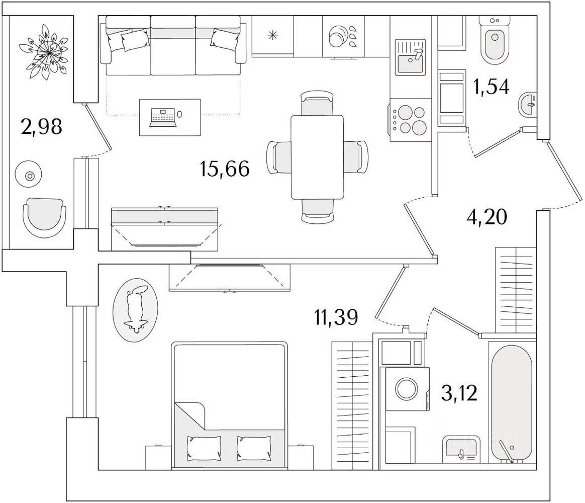1-комн. квартира, 37,4 м², в ЖК Кинопарк