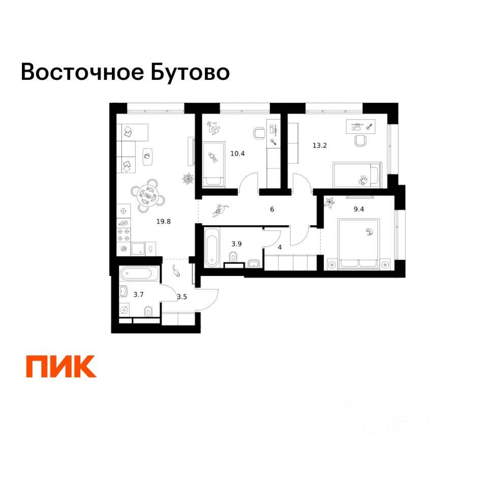3-комн. квартира, 73,9 м², в ЖК «Восточное Бутово»