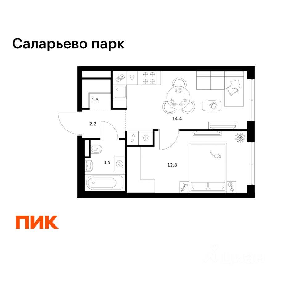 1-комн. квартира, 34,4 м², в ЖК «Саларьево парк»