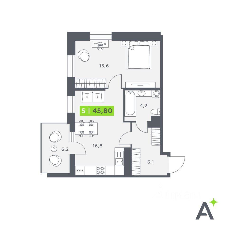 2-комн. квартира, 45,8 м², в ЖК Аквилон Stories