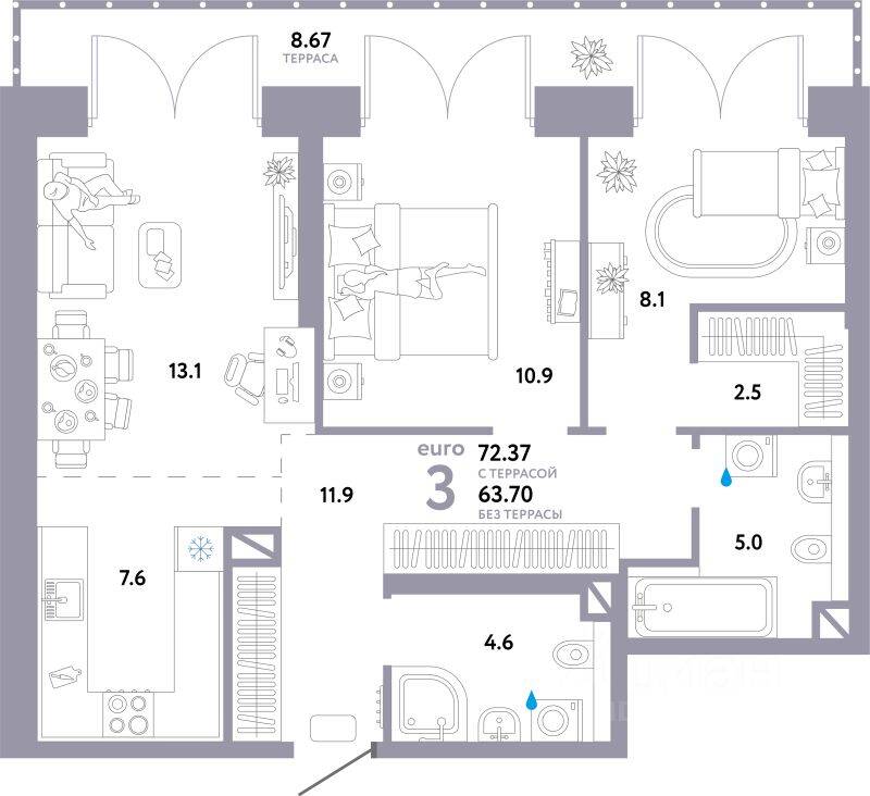 3-комн. квартира, 72,37 м², в ЖК Страна.Озерная