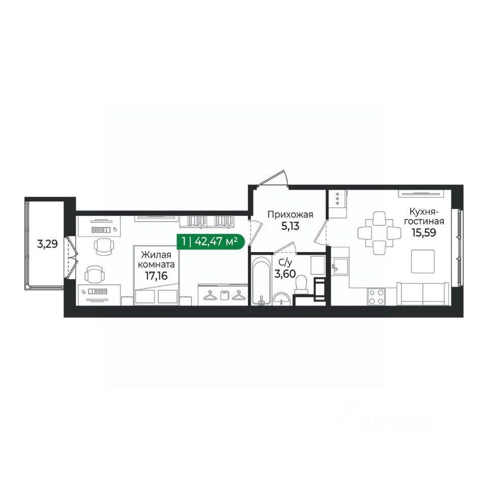 1-комн. квартира, 42,47 м², в ЖК Sertolovo Park
