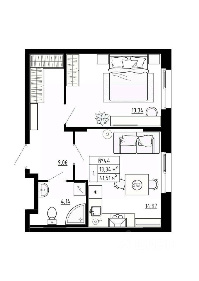 1-комн. квартира, 41,8 м², в Малоэтажный ЖК Аннино Сити