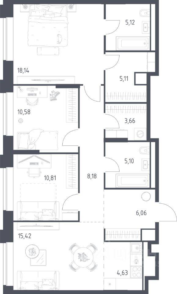 3-комн. квартира, 92,81 м², в Апарт-комплекс Верейская 41