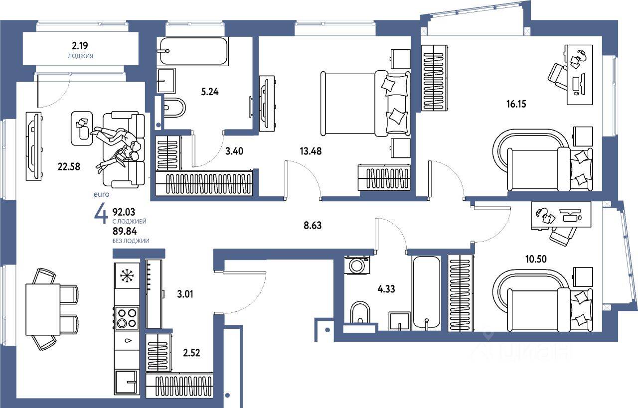4-комн. квартира, 92,03 м², в ЖК Страна.Парковая