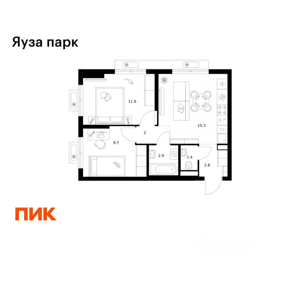 2-комн. квартира, 46 м², в ЖК Яуза парк (ПИК)