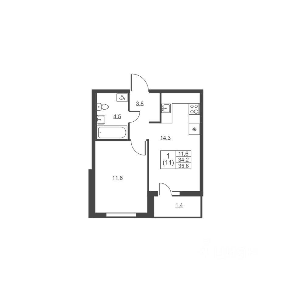 1-комн. квартира, 35,6 м², в ЖК Ермак