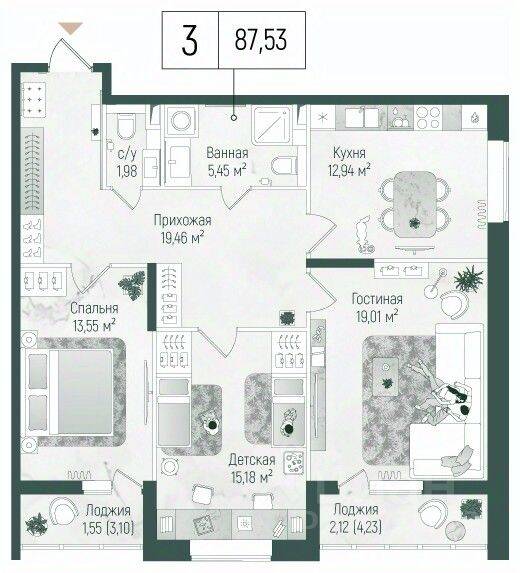 3-комн. квартира, 91,2 м², в ЖК Riga Hills