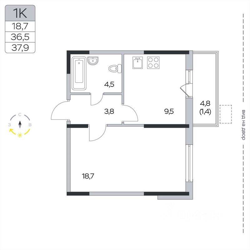 1-комн. квартира, 37,9 м², в ЖК «Пироговская Ривьера»