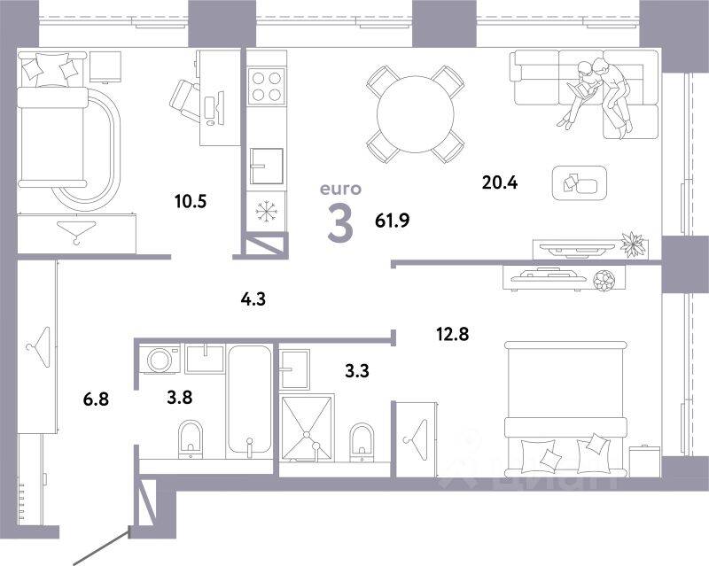 3-комн. квартира, 61,9 м², в ЖК Страна.Заречная