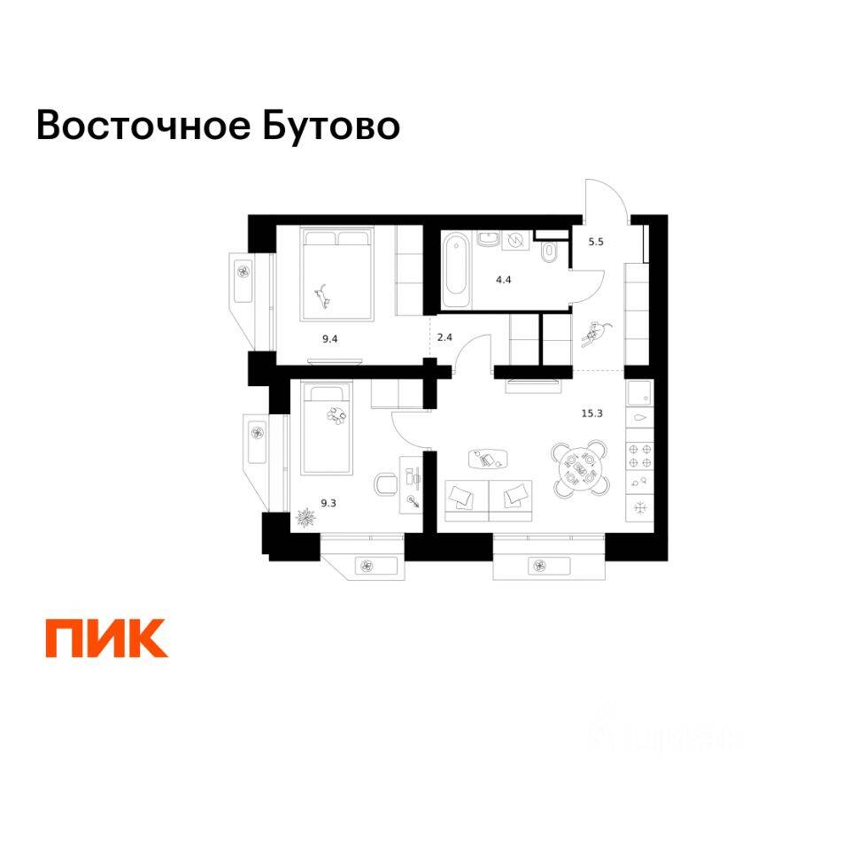 2-комн. квартира, 46,3 м², в ЖК «Восточное Бутово»