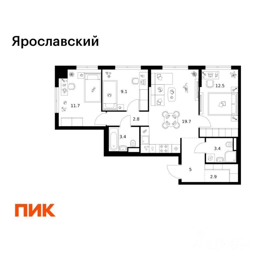 3-комн. квартира, 70,5 м², в ЖК «Ярославский»