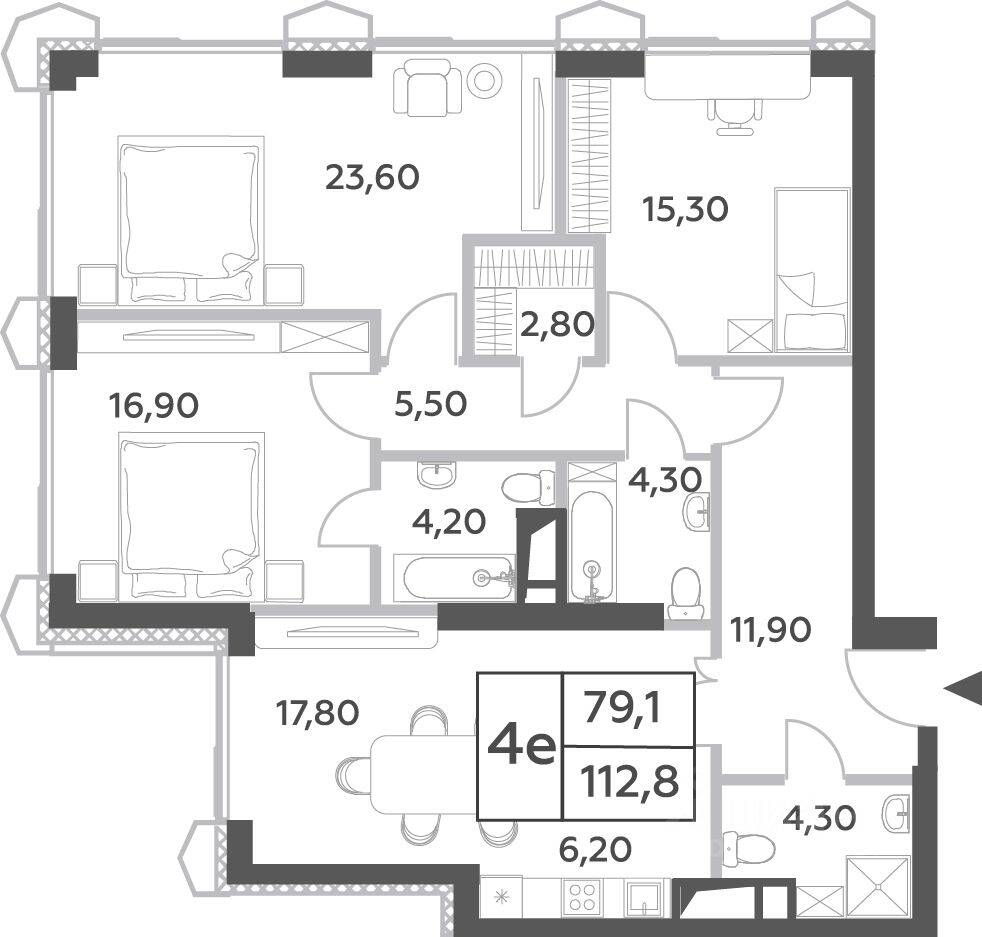 4-комн. квартира, 112,8 м², в ЖК Will Towers