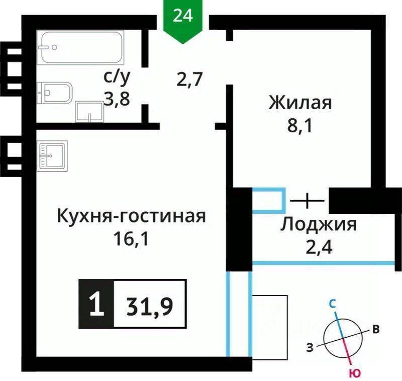 Планировка 1 комнатной квартиры, 30.8 м², в «Лесная Отрада»