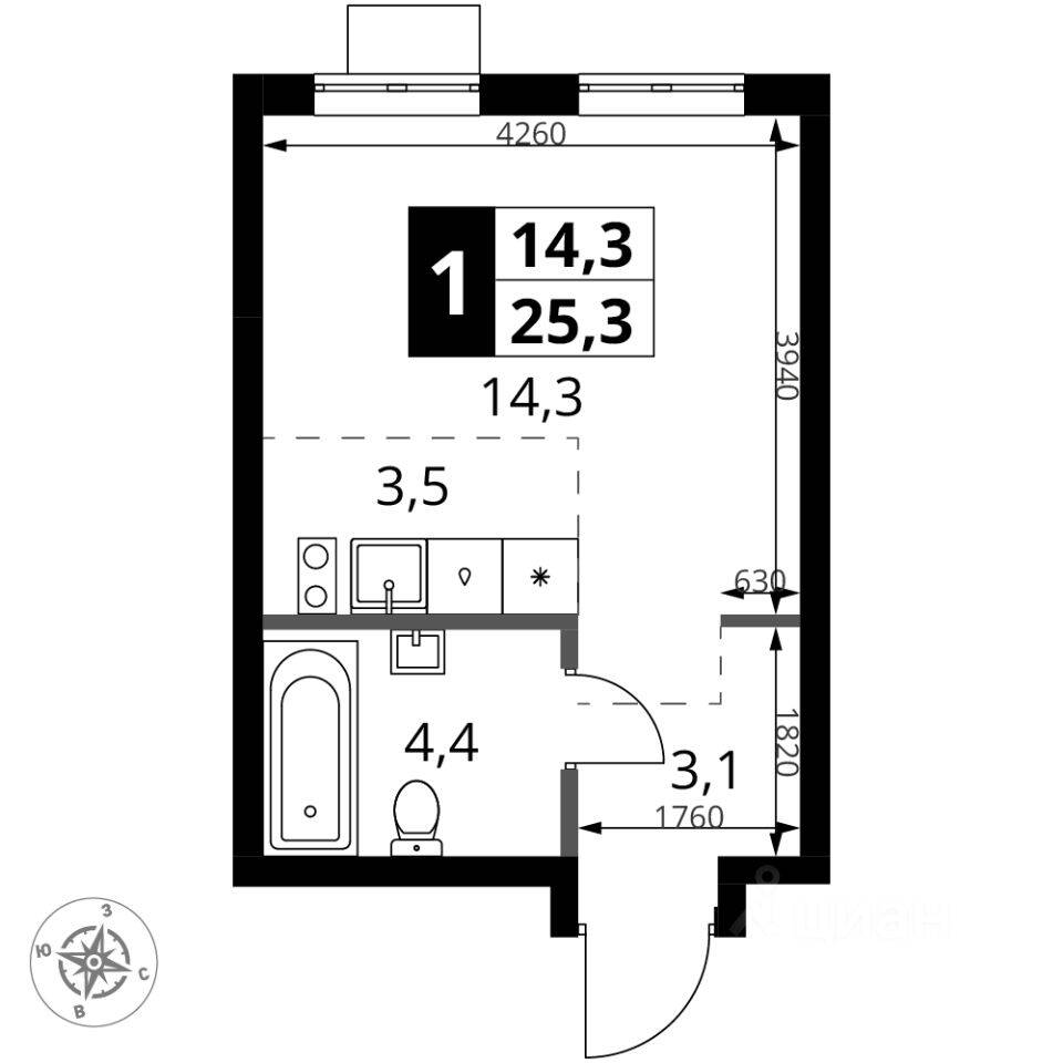 Квартира-студия, 25,3 м², в ЖК 1-й Ясеневский