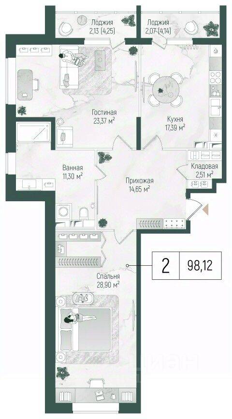 2-комн. квартира, 102,32 м², в ЖК Riga Hills
