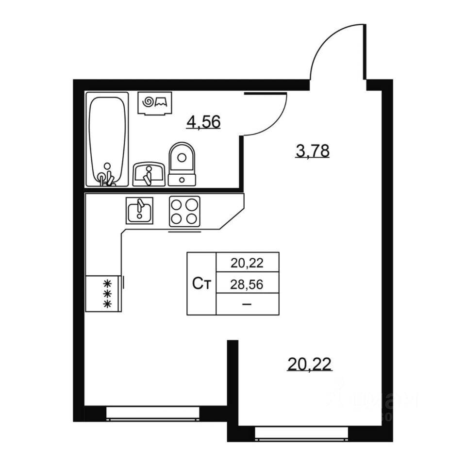 Квартира-студия, 28,56 м², в ЖК Перспектива