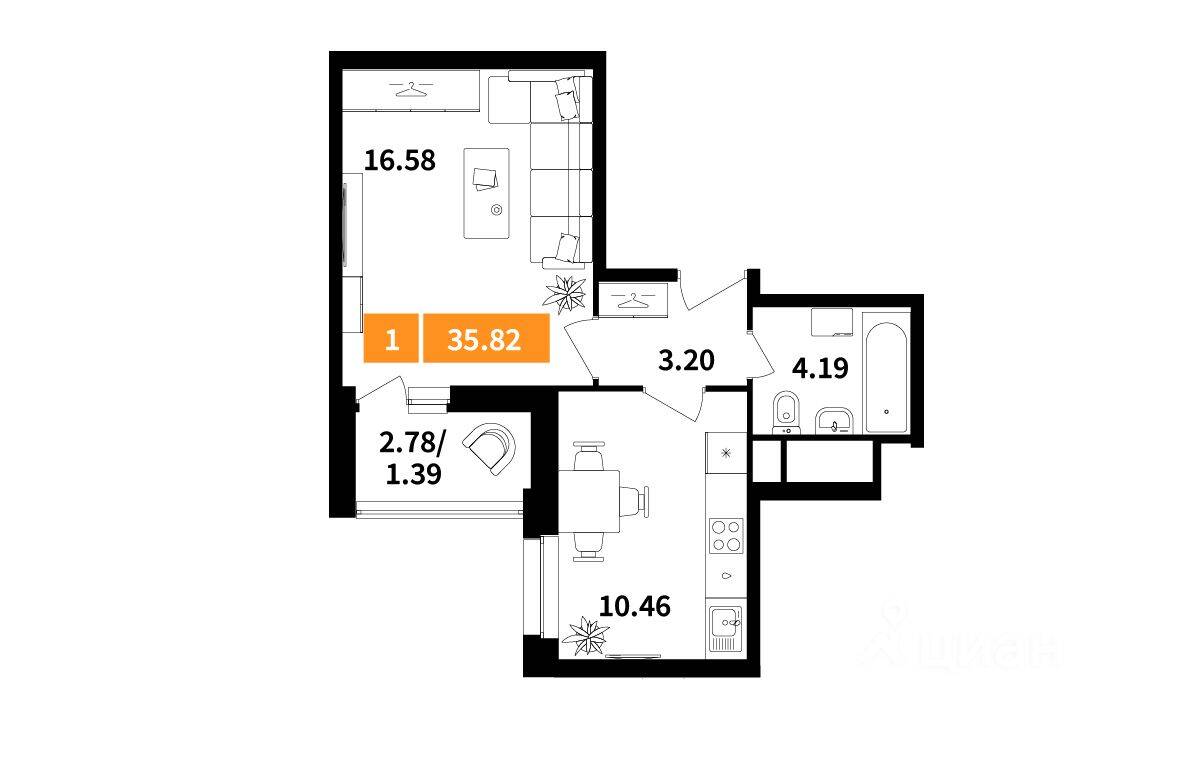 1-комн. квартира, 35,82 м², в ЖК Планерный квартал