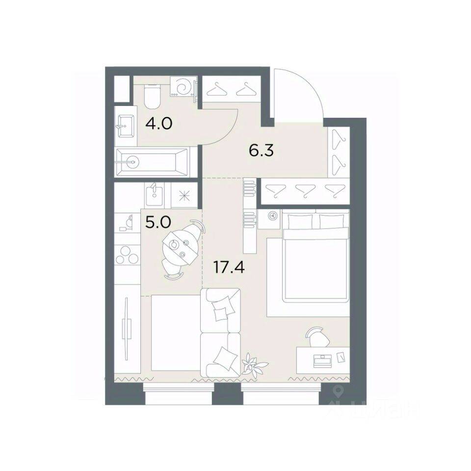 Планировка 1 комнатной квартиры, 32.7 м², в «Станиславский»