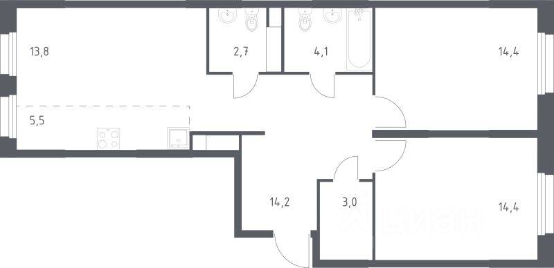 2-комн. квартира, 70,6 м², в ЖК ЭкоБунино