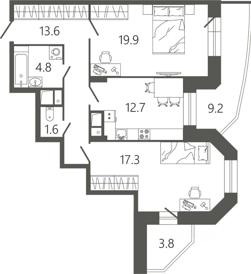 2-комн. квартира, 76,6 м², в ЖК «Советская 18»