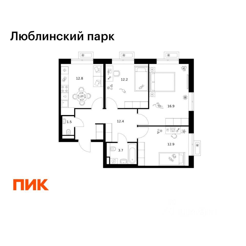 3-комн. квартира, 72,4 м², в ЖК «Люблинский парк»
