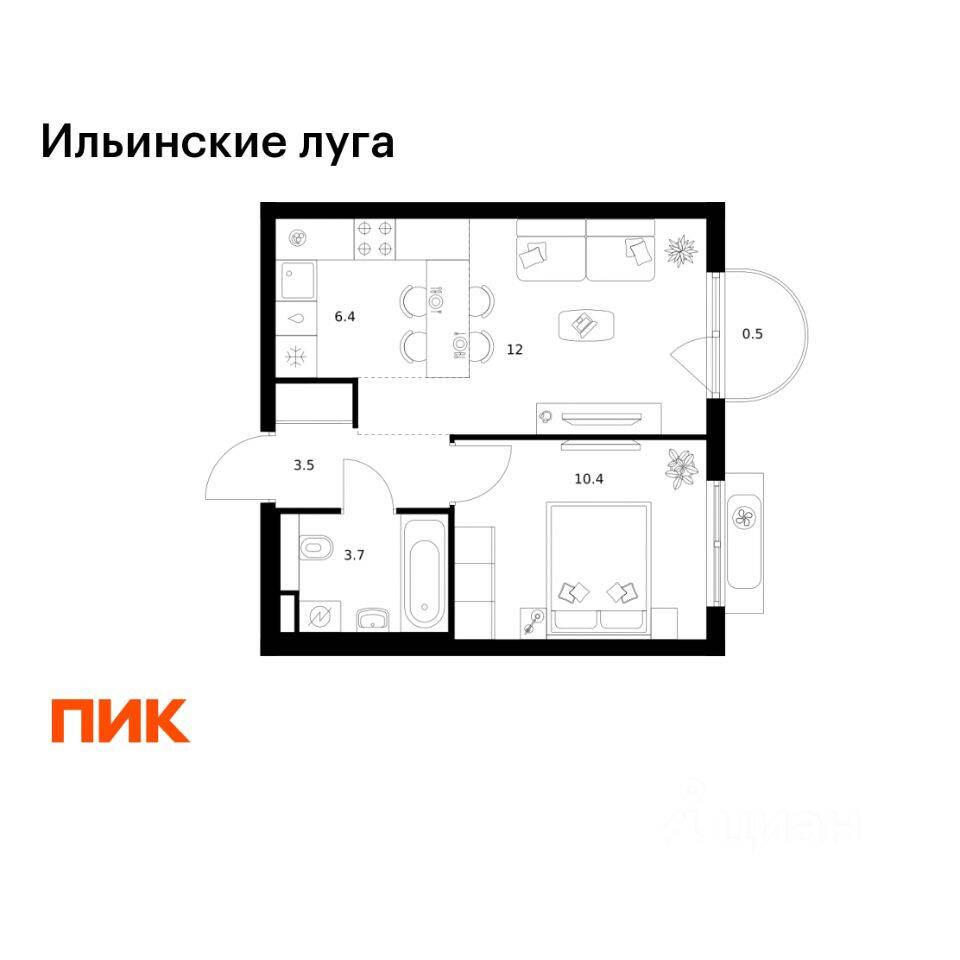 1-комн. квартира, 36,5 м², в ЖК «Ильинские луга»