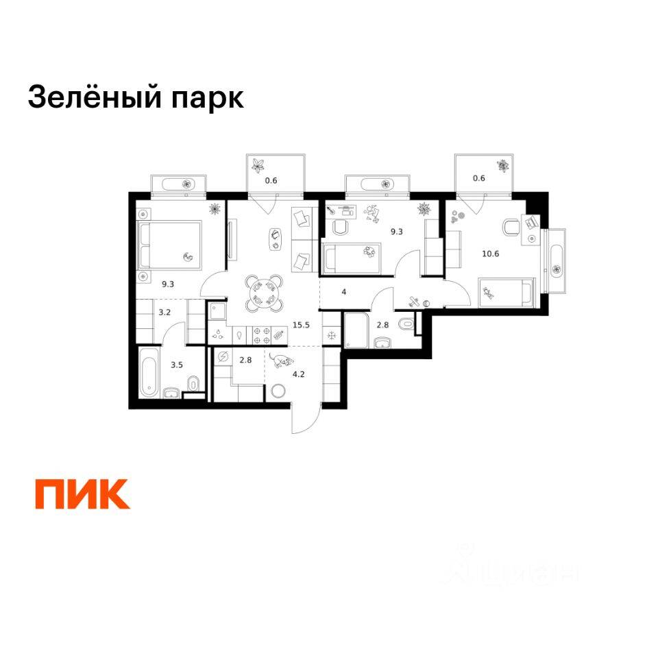 3-комн. квартира, 66,4 м², в ЖК Зеленый парк