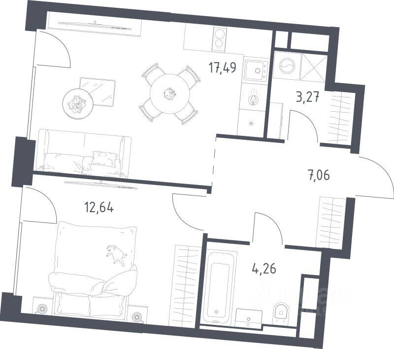 Планировка 1 комнатной квартиры, 44.72 м², в «Квартал на воде»
