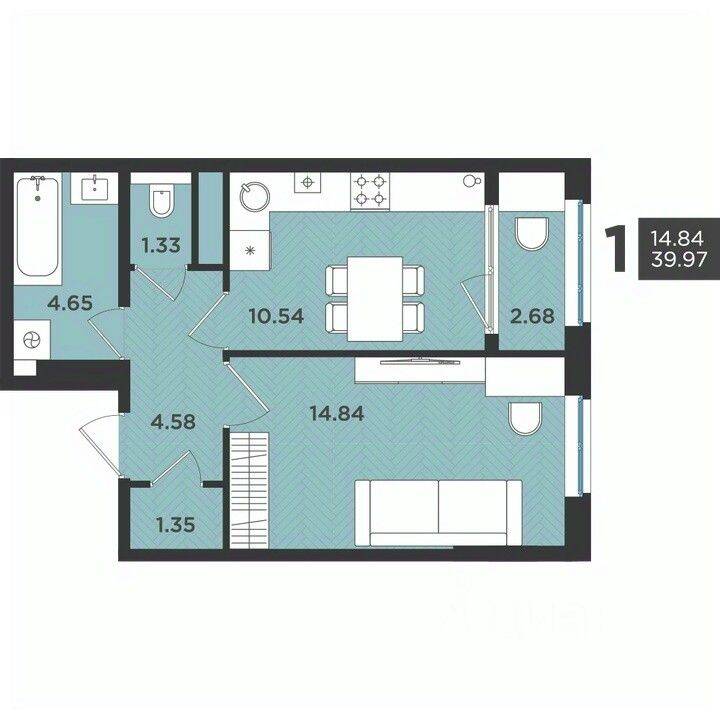 Планировка 1 комнатной квартиры, 39.97 м², в «Новокасимово»