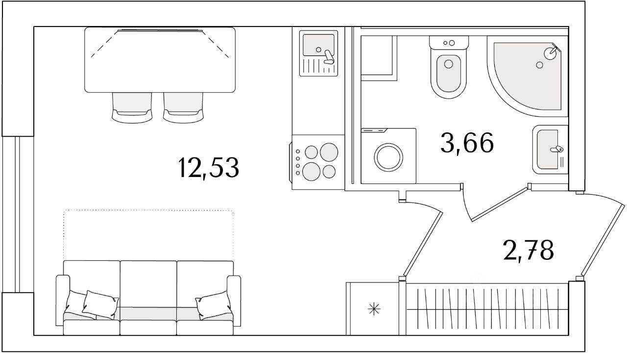 Квартира-студия, 18,97 м², в ЖК Кинопарк