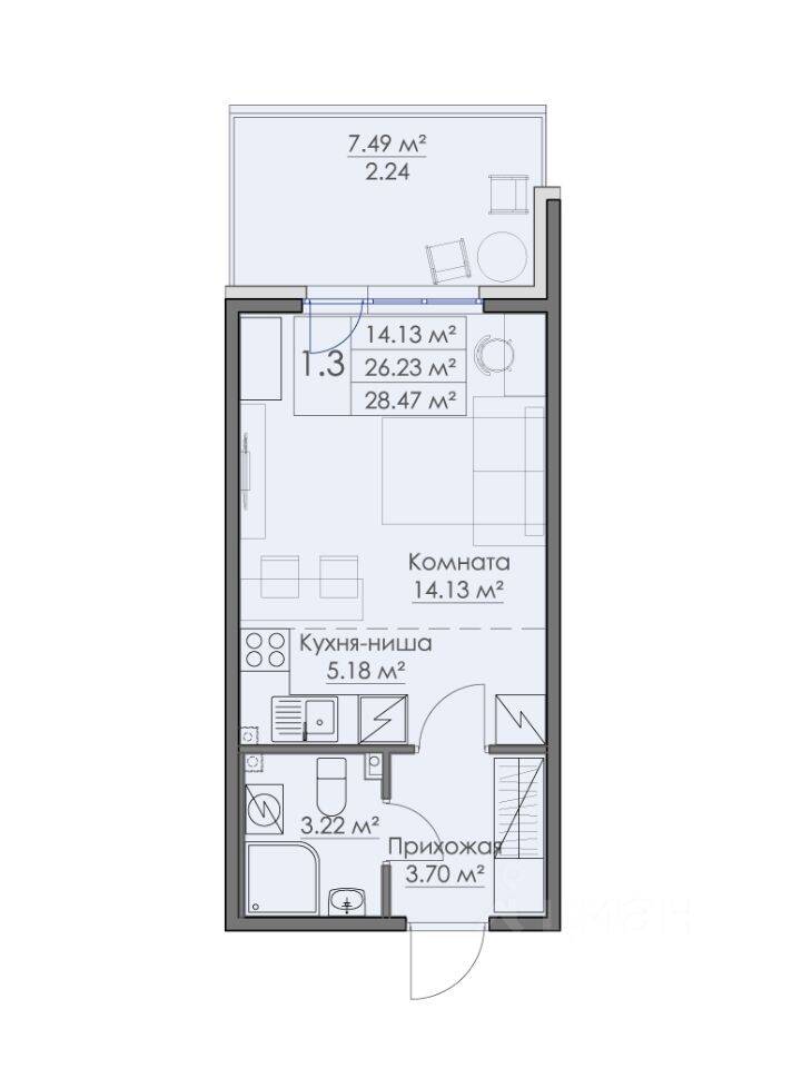 Квартира-студия, 28,47 м², в ЖК «Малая Финляндия»