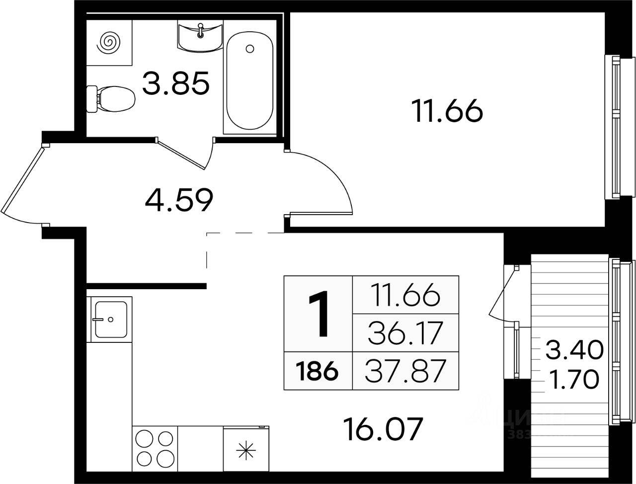 1-комн. квартира, 37,6 м², в ЖК GloraX Парголово