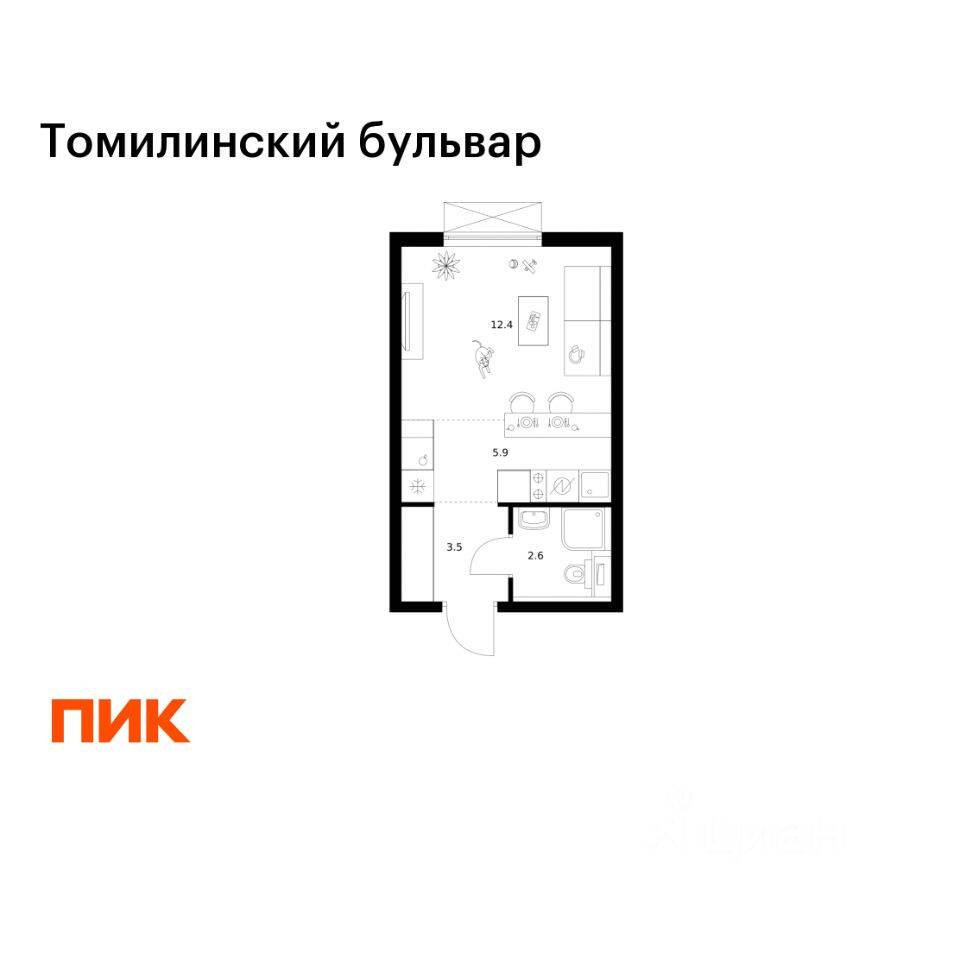 Квартира-студия, 24,4 м², в ЖК Томилинский бульвар