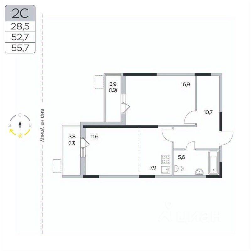 2-комн. квартира, 55,7 м², в ЖК «Пироговская Ривьера»