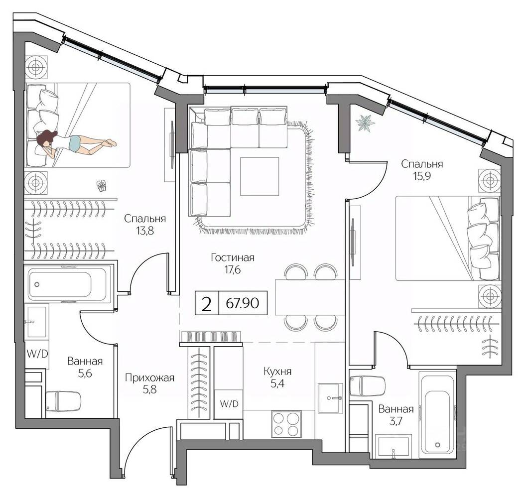 2-комн. квартира, 67,9 м², в ЖК «Дрим Рива»