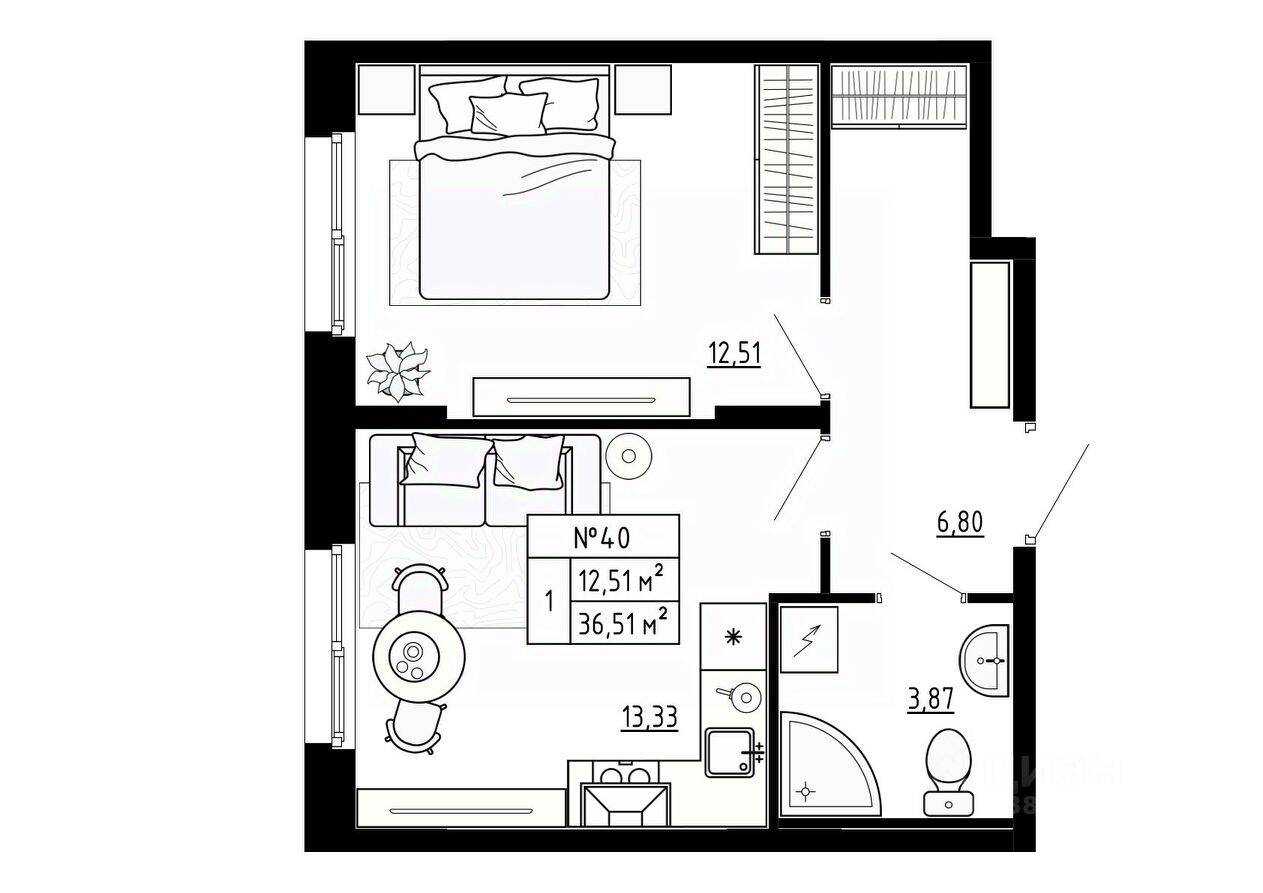 1-комн. квартира, 36,8 м², в Малоэтажный ЖК Аннино Сити
