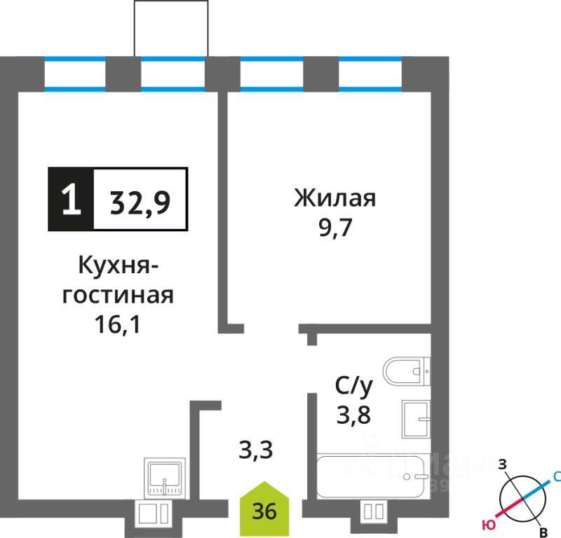 Планировка 1 комнатной квартиры, 32.7 м², в «Никольский квартал Отрада»
