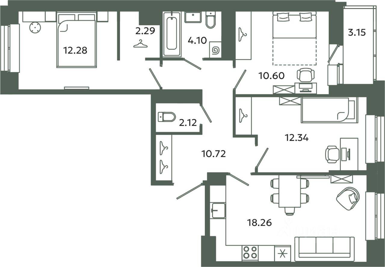 3-комн. квартира, 72,71 м², в ЖК Загляденье