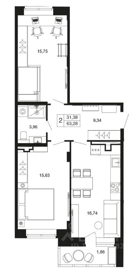 2-комн. квартира, 63,3 м², в ЖК «Времена года»