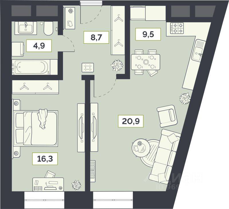 1-комн. квартира, 60,3 м², в ЖК «Лайм»