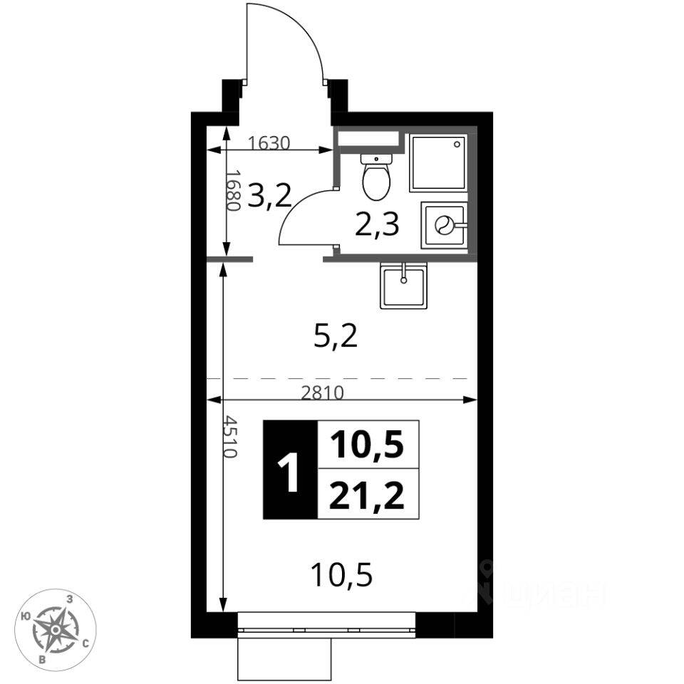 Квартира-студия, 21,2 м², в ЖК 1-й Донской
