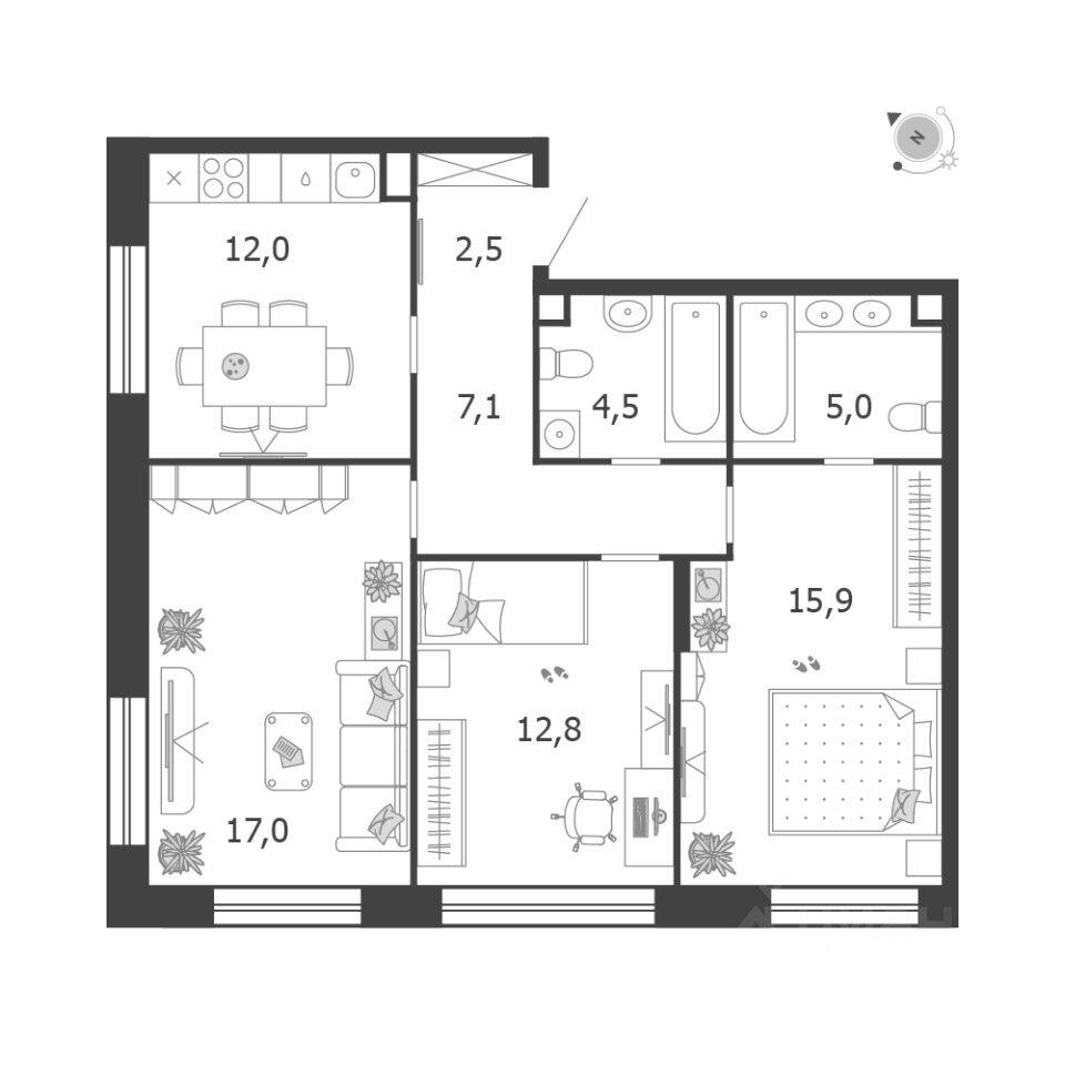 3-комн. квартира, 76,8 м², в ЖК Жилой квартал Shagal