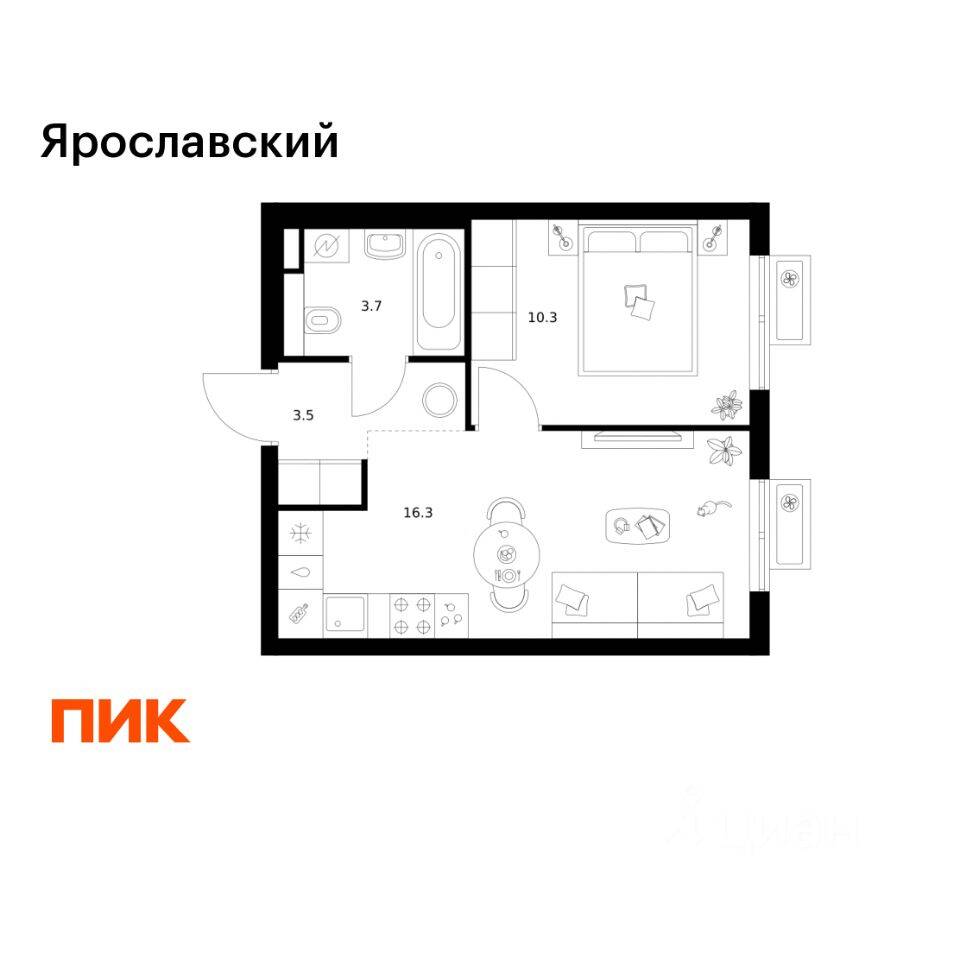 1-комн. квартира, 33,8 м², в ЖК «Ярославский»