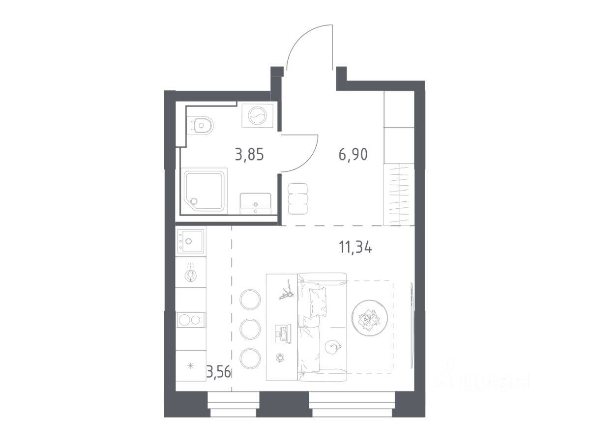 Планировка 1 комнатной квартиры, 25.65 м², в «Квартал Строгино»