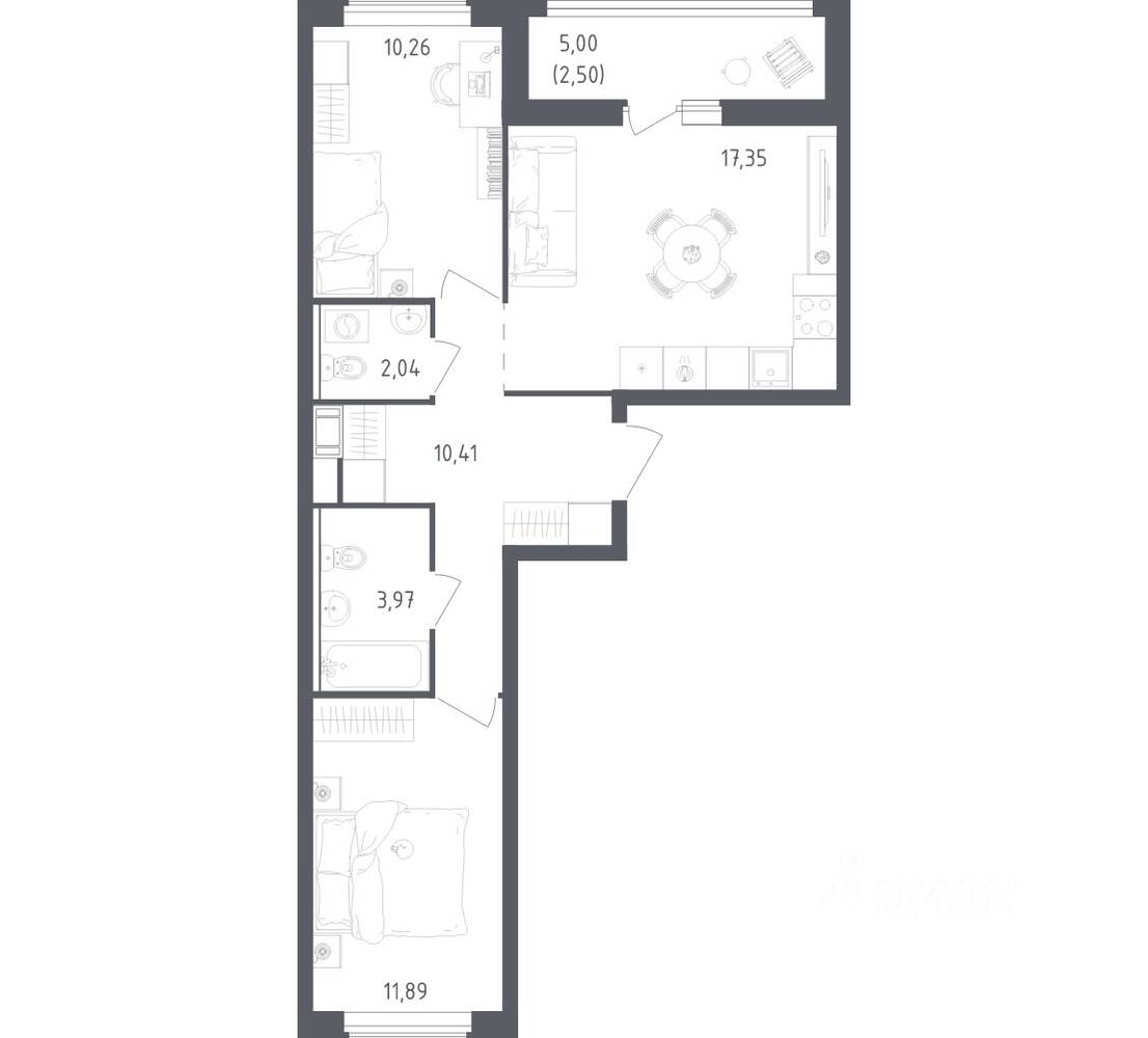2-комн. квартира, 58,42 м², в ЖК Южная Нева