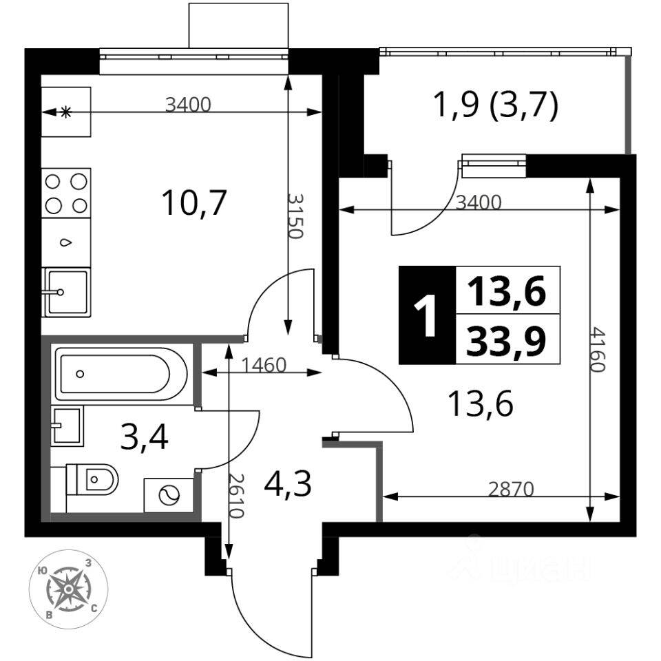1-комн. квартира, 34 м², в ЖК «Южная Битца»