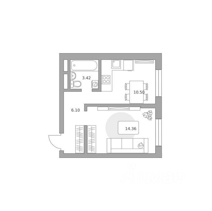 Планировка 1 комнатной квартиры, 34.38 м², в «Живописный»