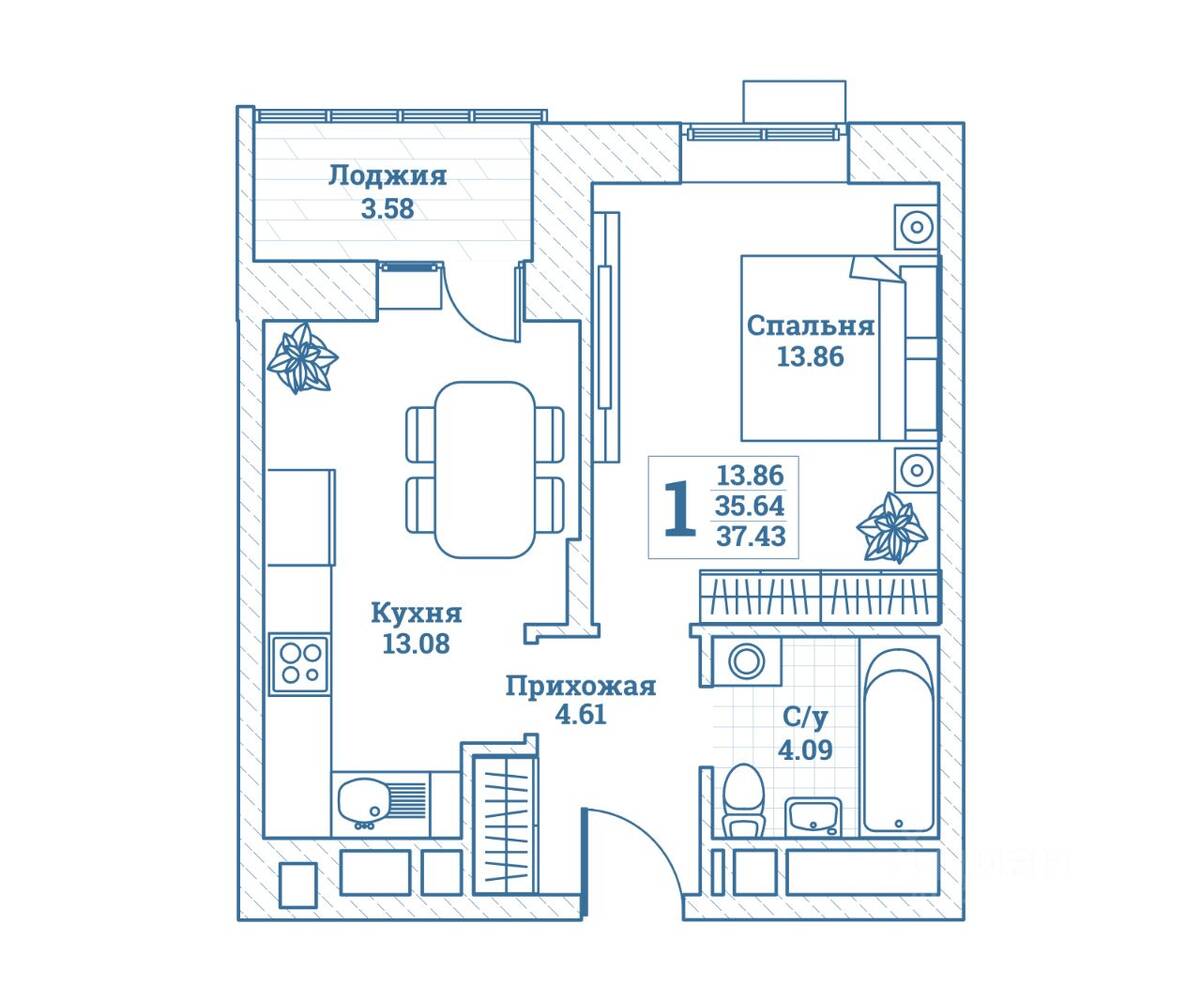 1-комн. квартира, 37,43 м², в ЖК Новоград Монино